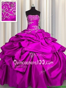 Adorable Strapless Sleeveless Taffeta Sweet 16 Dresses Appliques and Pick Ups Lace Up