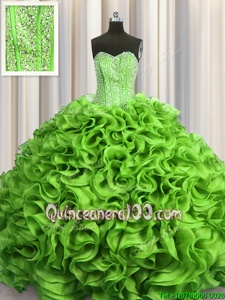 Comfortable Visible Boning Spring Green Ball Gowns Beading and Ruffles Vestidos de Quinceanera Lace Up Organza Sleeveless Floor Length