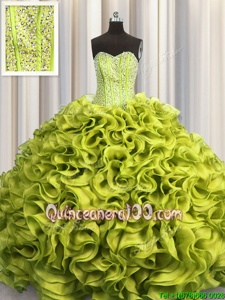 Elegant Visible Boning Organza Sweetheart Sleeveless Lace Up Beading and Ruffles Quince Ball Gowns inYellow Green