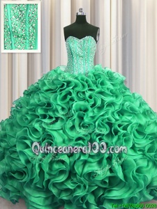Sexy Visible Boning Sweetheart Sleeveless Organza Quinceanera Gown Beading and Ruffles Lace Up