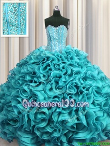Inexpensive Visible Boning Aqua Blue Sleeveless Beading and Ruffles Floor Length Quinceanera Dress