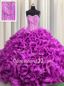 Lovely Visible Boning Sweetheart Sleeveless Lace Up Quinceanera Dresses Fuchsia Organza