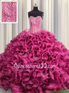 Fabulous Visible Boning Hot Pink Ball Gowns Beading and Ruffles 15th Birthday Dress Lace Up Organza Sleeveless Floor Length