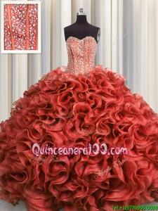 Visible Boning Rust Red Organza Lace Up Sweetheart Sleeveless Floor Length Quinceanera Dress Beading and Ruffles