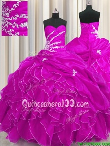 Amazing Fuchsia Organza Lace Up 15 Quinceanera Dress Sleeveless Floor Length Beading and Appliques and Ruffles