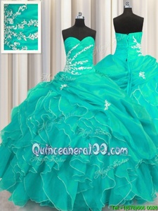 Designer Turquoise Organza Lace Up Sweetheart Sleeveless Floor Length Quinceanera Gown Beading and Appliques and Ruffles