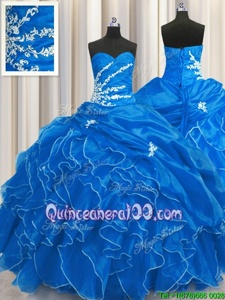 Attractive Sweetheart Sleeveless Quinceanera Dress Floor Length Beading and Appliques and Ruffles Blue Organza