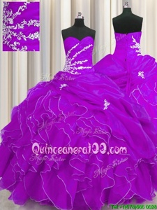 Purple Ball Gowns Sweetheart Sleeveless Organza Floor Length Lace Up Beading and Appliques and Ruffles Quinceanera Gowns