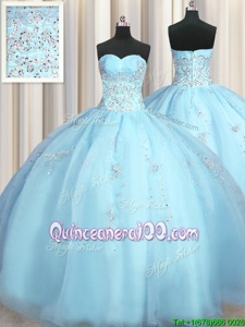 Cheap Big Puffy Floor Length Baby Blue Quinceanera Gown Organza Sleeveless Spring and Summer and Fall and Winter Beading and Appliques