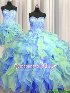 Fancy Three Piece Floor Length Lace Up Ball Gown Prom Dress Multi-color and In forMilitary Ball and Sweet 16 and Quinceanera withBeading and Appliques and Ruffles