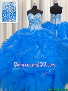 Glamorous Visible Boning Beaded Bodice Blue Lace Up Quinceanera Dress Beading and Ruffles Sleeveless Floor Length