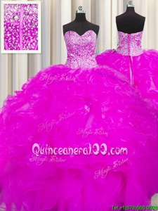 Hot Selling Visible Boning Beaded Bodice Fuchsia Sweetheart Neckline Beading and Ruffles Quinceanera Gowns Sleeveless Lace Up