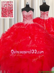 High Quality Visible Boning Beaded Bodice Red Quince Ball Gowns Military Ball and Sweet 16 and Quinceanera and For withBeading and Ruffles Sweetheart Sleeveless Lace Up