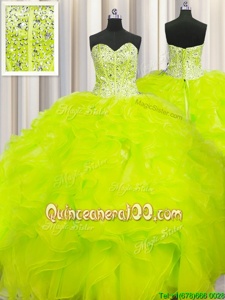 Pretty Visible Boning Beaded Bodice Ball Gowns Sweet 16 Dresses Yellow Sweetheart Organza Sleeveless Floor Length Lace Up