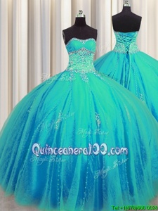 Amazing Big Puffy Aqua Blue Sweetheart Lace Up Beading and Appliques 15 Quinceanera Dress Sleeveless