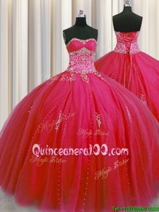 Designer Big Puffy Floor Length Red Ball Gown Prom Dress Tulle Sleeveless Spring and Summer and Fall and Winter Beading and Appliques