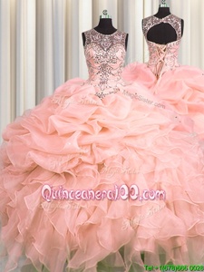 Superior See Through Peach Vestidos de Quinceanera Military Ball and Sweet 16 and Quinceanera and For withBeading and Ruffles and Pick Ups Scoop Sleeveless Lace Up