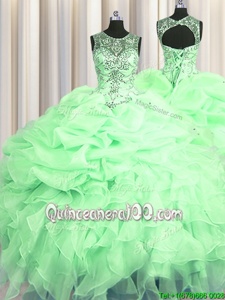 Stunning See Through Apple Green Ball Gowns Scoop Sleeveless Organza Floor Length Lace Up Beading and Ruffles and Pick Ups 15 Quinceanera Dress