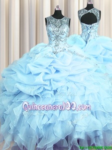 Hot Selling Scoop See Through Spring and Summer and Fall and Winter Organza Sleeveless Floor Length Sweet 16 Dress andBeading and Ruffles and Pick Ups