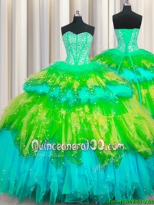 Beauteous Bling-bling Visible Boning Multi-color 15th Birthday Dress Military Ball and Sweet 16 and Quinceanera and For withBeading and Ruffles and Ruffled Layers and Sequins Sweetheart Sleeveless Lace Up