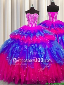 Sophisticated Bling-bling Visible Boning Floor Length Lace Up Sweet 16 Quinceanera Dress Multi-color and In forMilitary Ball and Sweet 16 and Quinceanera withBeading and Ruffles and Ruffled Layers and Sequins