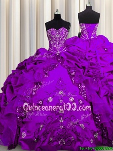 Free and Easy Sequins Sleeveless Taffeta Floor Length Lace Up Vestidos de Quinceanera inPurple forSpring and Summer and Fall and Winter withBeading and Embroidery and Ruffles