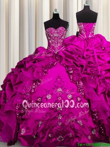 Superior Sequins Fuchsia Sleeveless Floor Length Beading and Embroidery and Ruffles Lace Up Sweet 16 Dress
