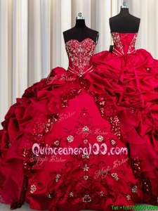 Excellent Embroidery Sequins Red Ball Gowns Sweetheart Sleeveless Taffeta Floor Length Lace Up Beading and Appliques and Ruffles Quinceanera Dresses