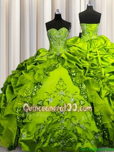 Floor Length Olive Green Quinceanera Dresses Taffeta Sleeveless Spring and Summer and Fall and Winter Beading and Embroidery and Ruffles and Sequins and Pick Ups