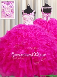 Dazzling Fuchsia Sleeveless Organza Lace Up Ball Gown Prom Dress forMilitary Ball and Sweet 16 and Quinceanera
