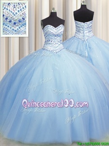 Wonderful Bling-bling Big Puffy Baby Blue Sweetheart Lace Up Beading Quince Ball Gowns Sleeveless