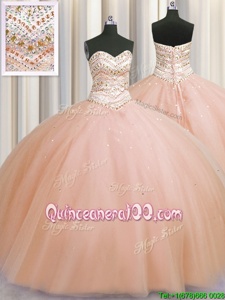 Deluxe Bling-bling Really Puffy Peach Sleeveless Tulle Lace Up Quinceanera Gowns forMilitary Ball and Sweet 16 and Quinceanera