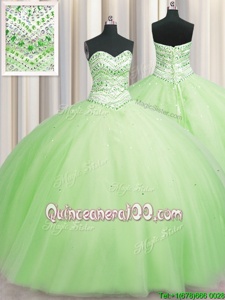 Bling-bling Big Puffy Sweetheart Sleeveless Tulle Quinceanera Dress Beading Lace Up