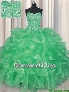 Adorable Visible Boning Apple Green Organza Lace Up Quinceanera Gowns Sleeveless Floor Length Beading and Ruffles