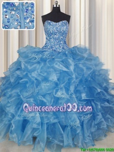 Decent Visible Boning Baby Blue Sleeveless Organza Lace Up Ball Gown Prom Dress forMilitary Ball and Sweet 16 and Quinceanera