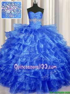 Affordable Royal Blue Organza Lace Up Ball Gown Prom Dress Sleeveless Floor Length Beading and Ruffled Layers