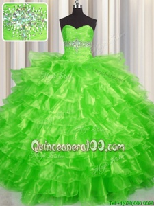 Spring and Summer and Fall and Winter Organza Sleeveless Floor Length Quinceanera Gown andBeading and Ruffled Layers