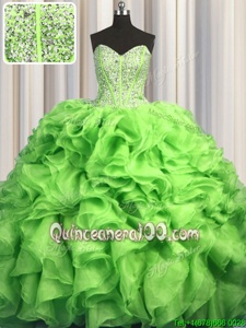 Visible Boning Brush Train Yellow Green Lace Up Quinceanera Gown Beading and Ruffles Sleeveless With Train Sweep Train