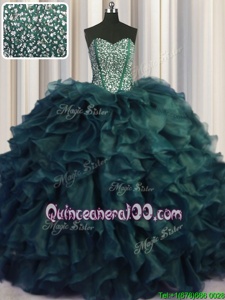 Shining Visible Boning Bling-bling Sleeveless Organza With Brush Train Lace Up Sweet 16 Quinceanera Dress inPeacock Green forSpring and Summer and Fall and Winter withBeading and Ruffles