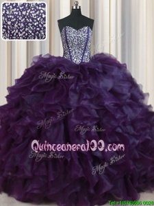 Sumptuous Visible Boning Bling-bling With Train Eggplant Purple 15th Birthday Dress Organza Brush Train Sleeveless Spring and Summer and Fall and Winter Beading and Ruffles