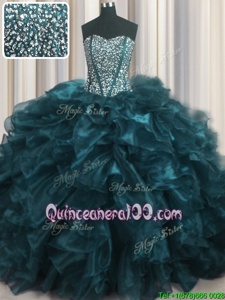 High Class Visible Boning Bling-bling Sleeveless With Train Beading and Ruffles Lace Up Sweet 16 Dresses with Teal Brush Train