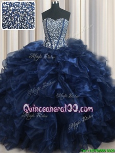 Luxurious Visible Boning Bling-bling Sleeveless Organza With Brush Train Lace Up 15 Quinceanera Dress inNavy Blue forSpring and Summer and Fall and Winter withBeading and Ruffles