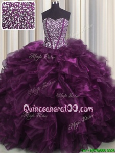 Suitable Visible Boning Eggplant Purple Sweetheart Lace Up Beading and Ruffles Ball Gown Prom Dress Brush Train Sleeveless