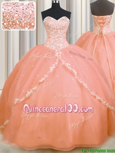 Admirable Orange Sleeveless Brush Train Beading and Appliques With Train Quince Ball Gowns