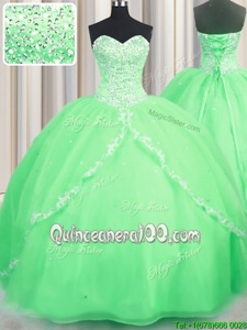 Romantic Sleeveless With Train Beading and Appliques Lace Up Ball Gown Prom Dress with Spring Green Brush Train