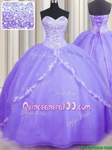 On Sale Organza Sweetheart Sleeveless Brush Train Lace Up Beading and Appliques Quinceanera Dresses inLavender