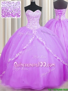 Simple Lilac Organza Lace Up Sweetheart Sleeveless With Train 15 Quinceanera Dress Brush Train Beading and Appliques