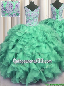 Great V Neck Turquoise Sleeveless Organza Lace Up Sweet 16 Dresses forMilitary Ball and Sweet 16 and Quinceanera