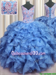 Noble Ruffled V Neck Floor Length Ball Gowns Sleeveless Baby Blue Quinceanera Dresses Lace Up