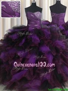 Custom Designed Purple Ball Gowns Organza and Tulle Sweetheart Sleeveless Beading and Ruffles and Ruffled Layers Floor Length Lace Up 15 Quinceanera Dress